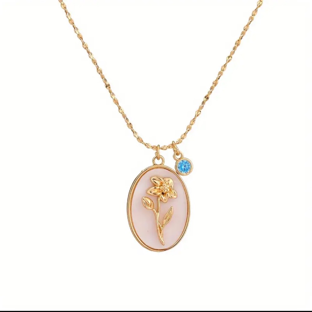 NEW Oval White Shell with Birth Stone & Pendant Flower, March, One Size